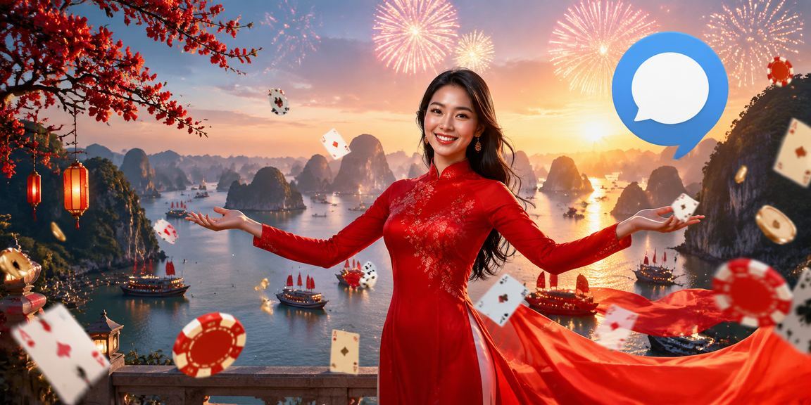 Cảnh vịnh Hạ Long với trò chơi bài và áo dài truyền thống Việt Nam