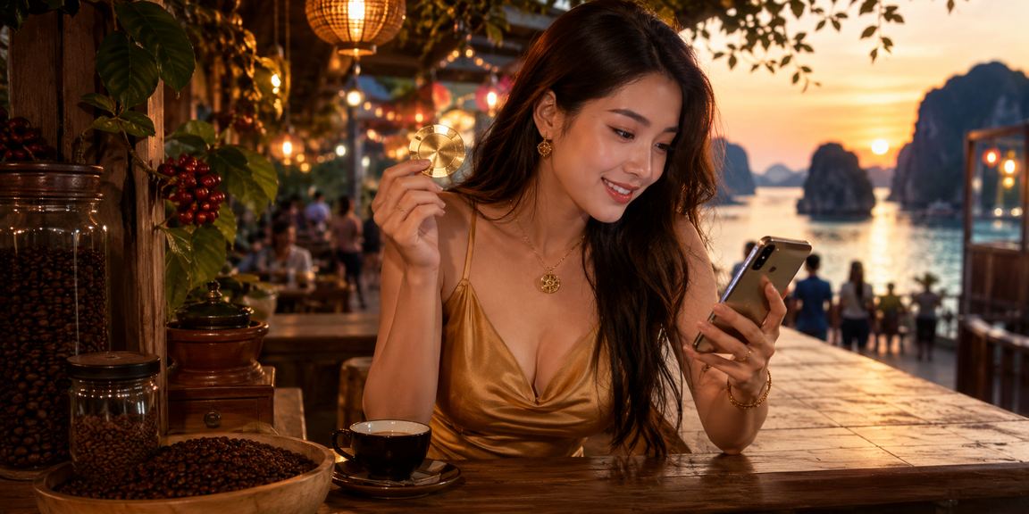 Người dùng truy cập casino và thể thao trên di động tại Vịnh Hạ Long với ly cà phê Việt