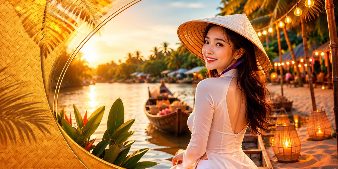 Người nhận thưởng VIP bên sông Mekong với nón lá truyền thống trong buổi chiều yên bình
